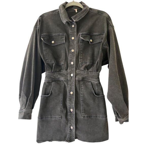 Free People Bo Denim Shirt Dress Midnight Black Button Down Long Sleeve - Picture 2 of 13